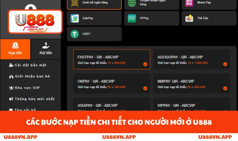 Nạp Tiền U888 2 Các bước nạp tiền chi tiết cho người mới ở U888