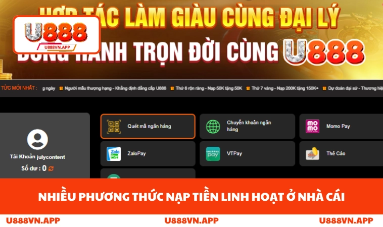 Nạp Tiền U888 3 Nhiều phương thức nạp tiền linh hoạt ở nhà cái